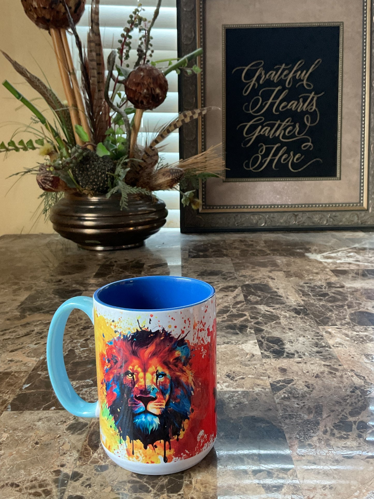 Bold as lion paint splatter mug